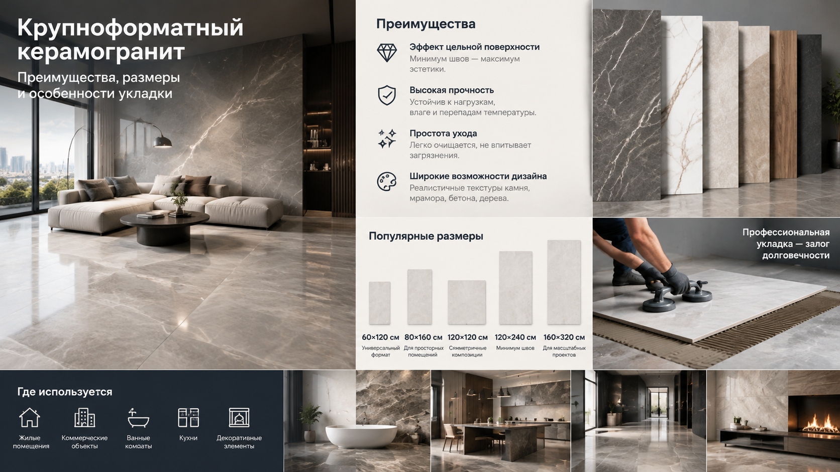 Крупноформатный керамогранит: преимущества, размеры и особенности укладки